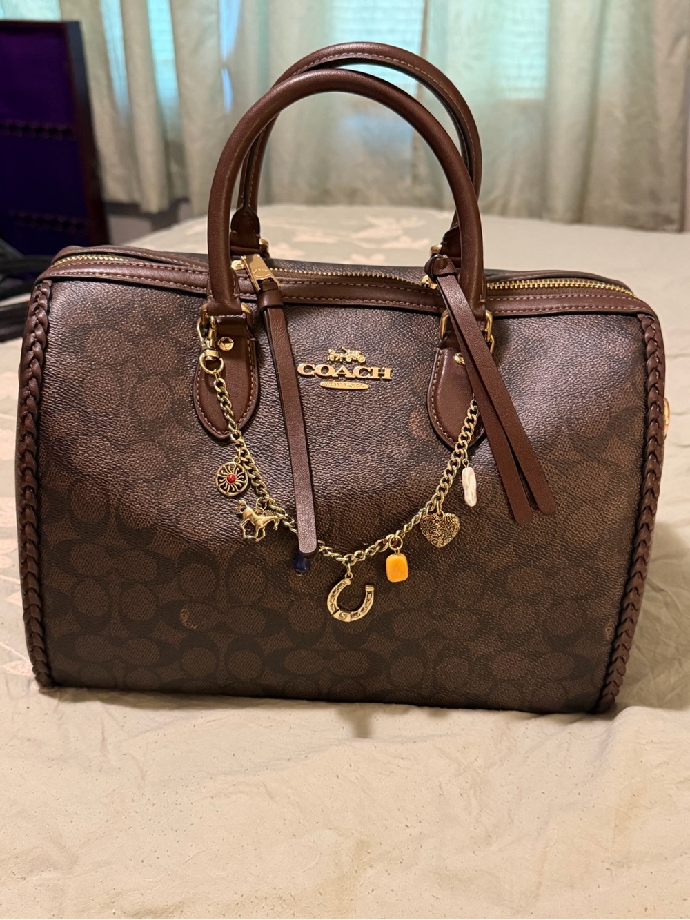 Coach Brown Signature Large Rowan with Gold Charm Chain Accent Braided trim